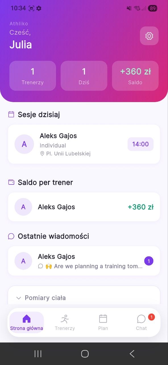 Athliko - aplikacja mobilna dla atletów, strona główna