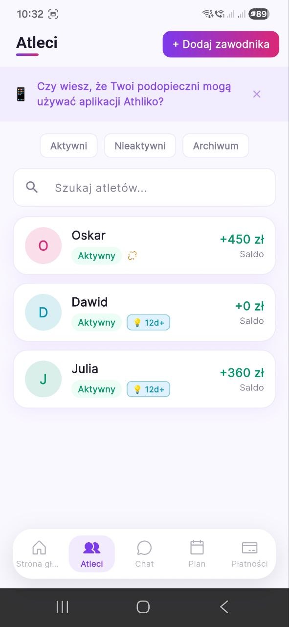 Athliko Coach - lista atletów i zarządzanie saldo treningowym