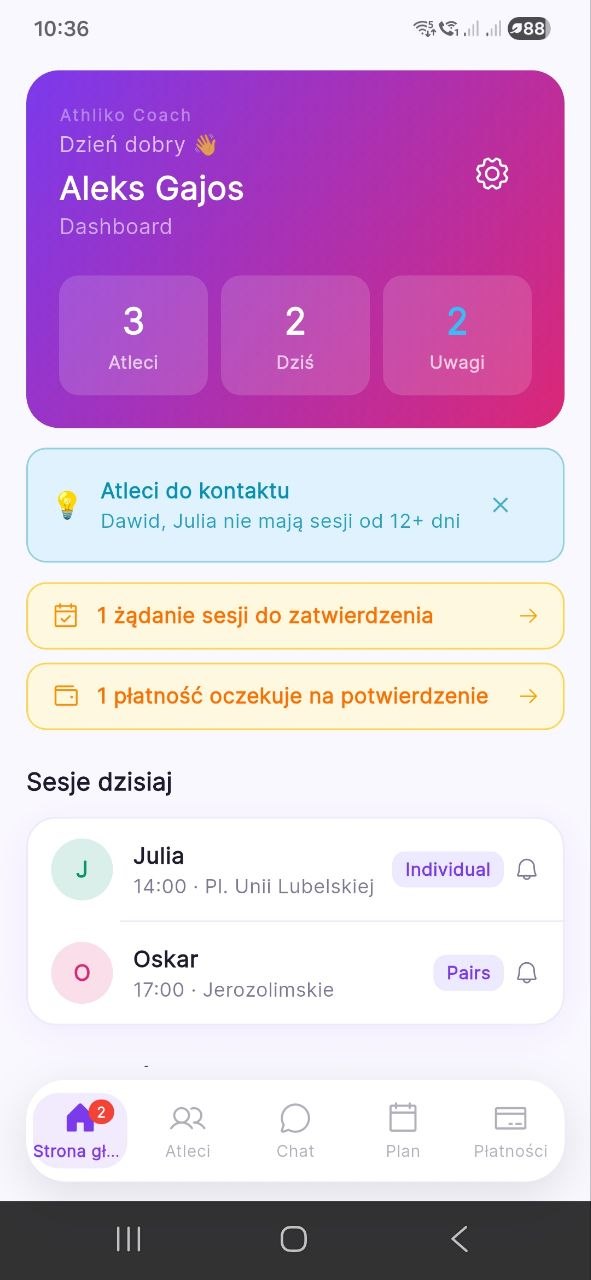 Athliko Coach - panel główny aplikacji dla trenera personalnego