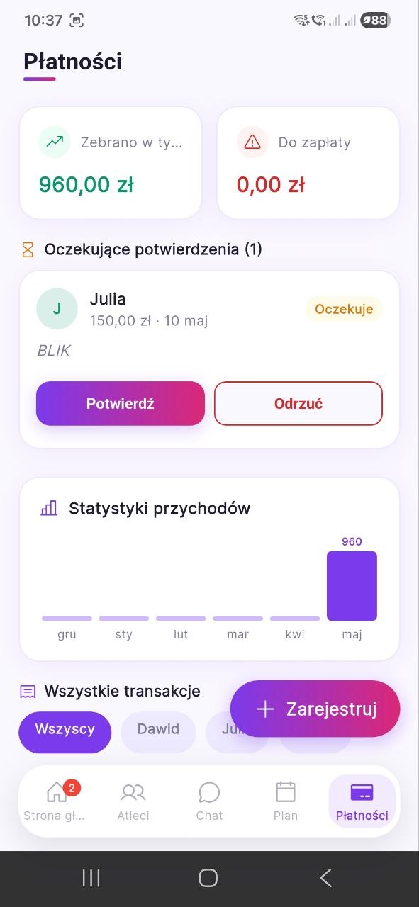 Athliko Coach - Płatności i statystyki