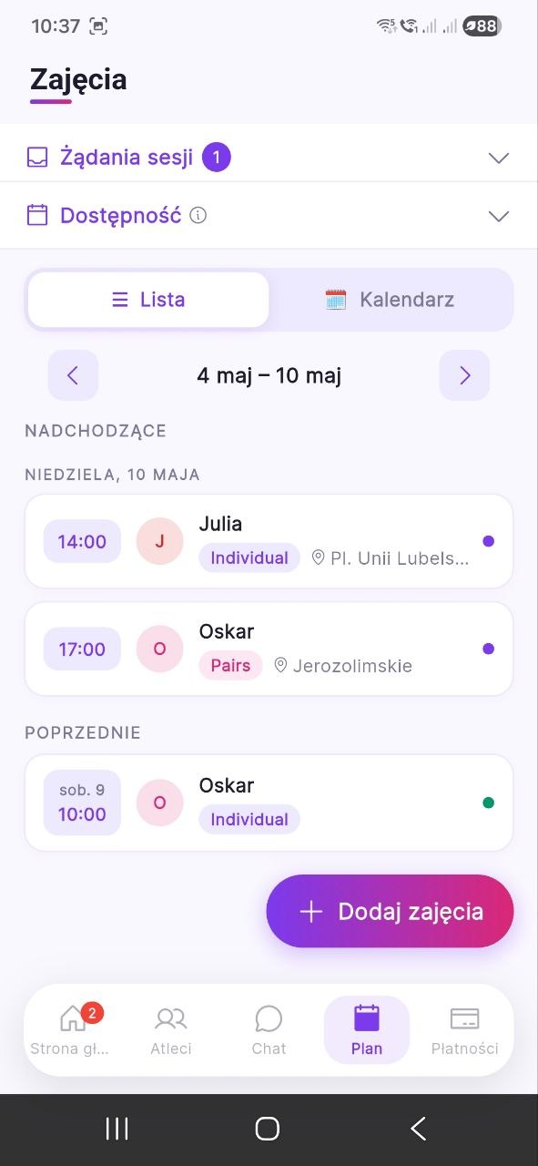 Athliko Coach - Kalendarz zajęć